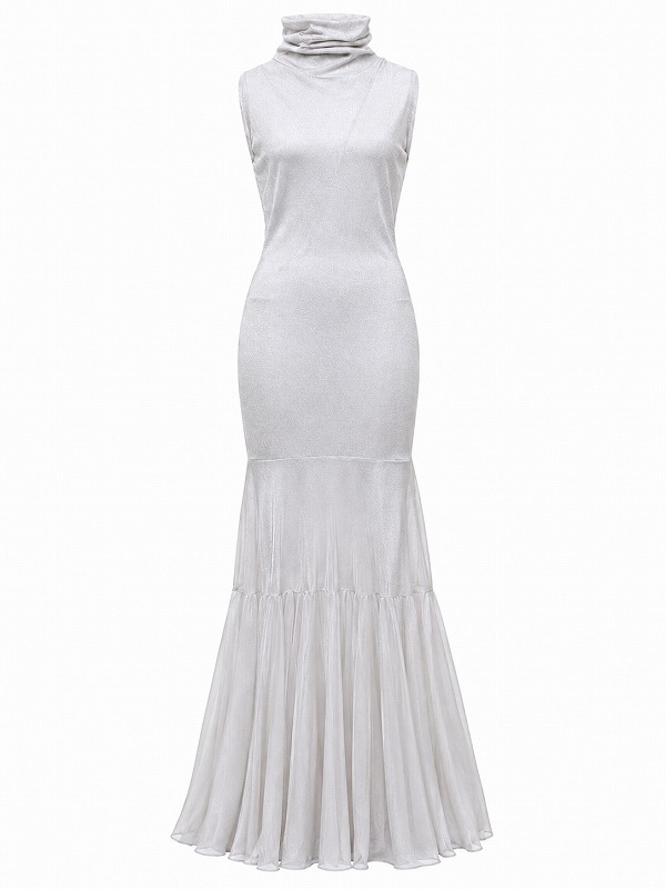 【新品DRESS 1621】タートルネックマーメイドストレッチロングドレス ホワイトシルバー【KAREN MILLEN】